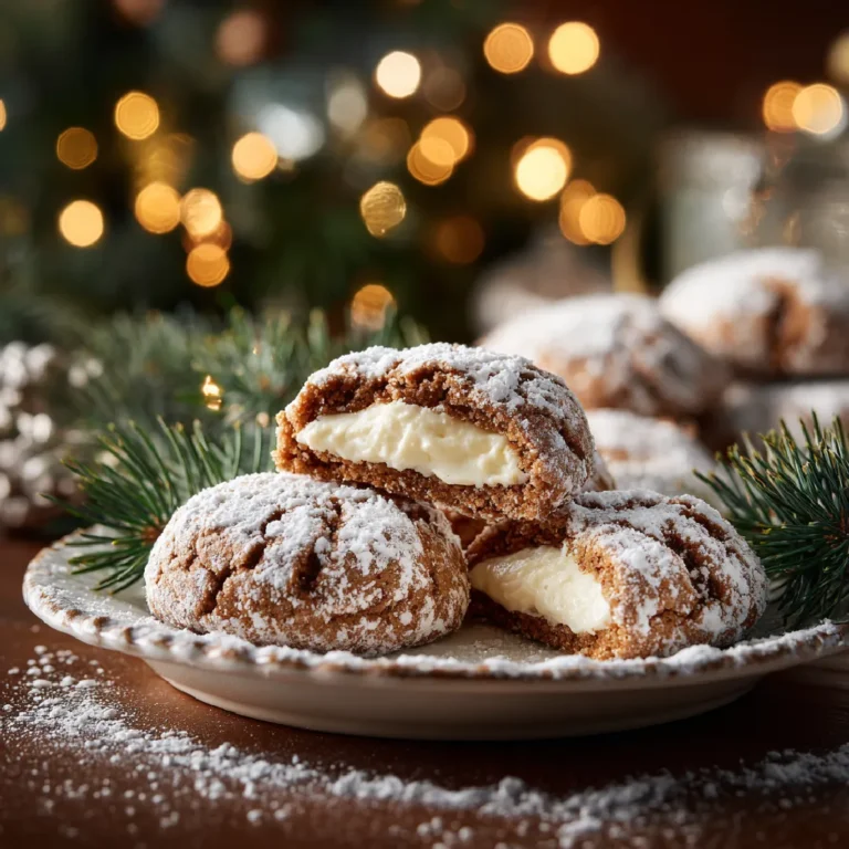 Gingerbread cheesecake cookies stacked on a festive plate