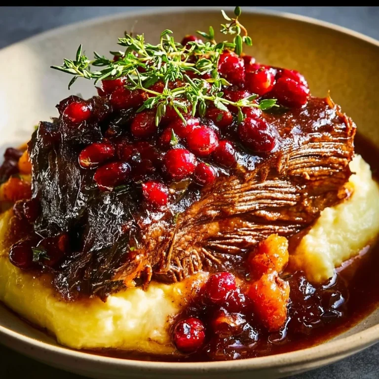 Slow-Braised Beef Roast with Cranberry Balsamic Glaze 3 Slow-braised beef roast with cranberry balsamic glaze on a serving platter