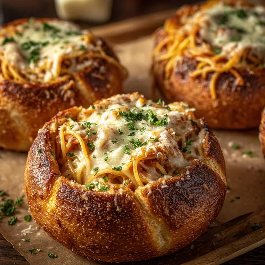 Spaghetti Garlic Bread Bowls