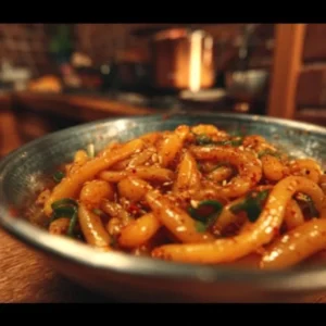 Delicious spicy potato noodles garnished with herbs and spices