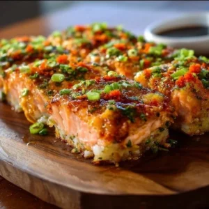 Spicy Salmon Sushi Bake Recipe 2 Spicy Salmon Sushi Bake in a casserole dish garnished with green onions