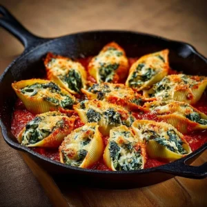 Delicious spinach and ricotta stuffed shells served in a rich tomato sauce.