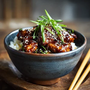 Sticky Chicken Rice Bowl: A Flavorful Comfort in Every Bite 2 A rustic ceramic bowl filled with sticky chicken rice, glossy glaze, sesame seeds and green onions