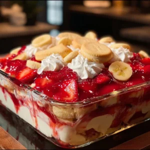 Delicious Strawberry Banana Pudding served in a clear bowl with fresh strawberries