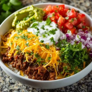 Delicious Taco Rice Bowl topped with fresh ingredients and spices