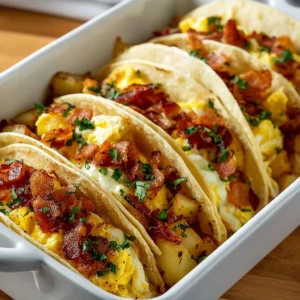Tasty Baked Breakfast Tacos 2 Baked breakfast tacos filled with eggs, cheese, and fresh toppings on a plate.