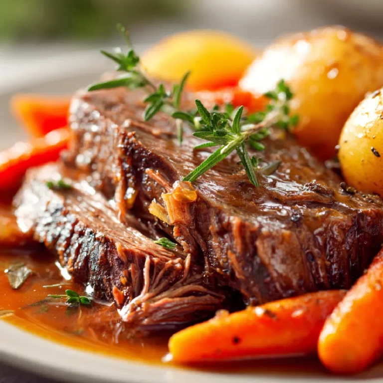 Detailed view of pot roast with rich gravy and vegetables