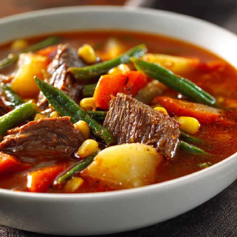 Macro view of tender beef, carrots, and potatoes in tomato broth
