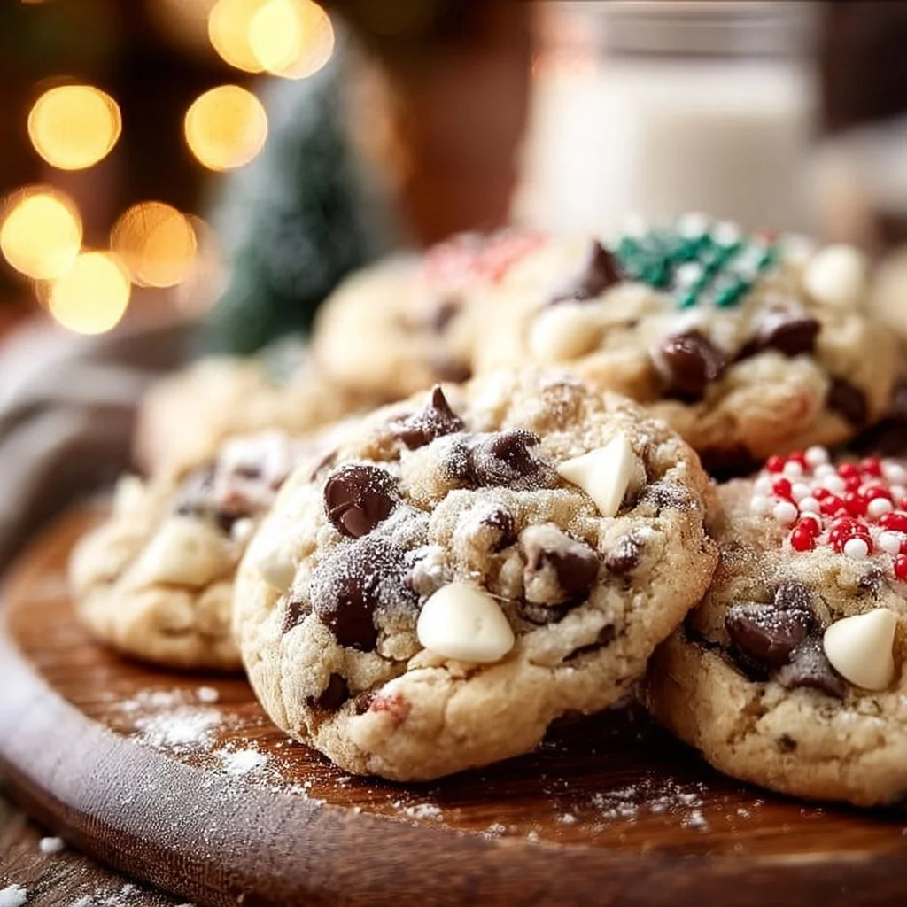 Plate of Winter Wonderland Chocolate Chip Christmas Cookies with festive decorations