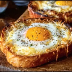 Air Fryer Egg and Cheese Toast 2 Delicious Air Fryer Egg and Cheese Toast garnished with herbs.
