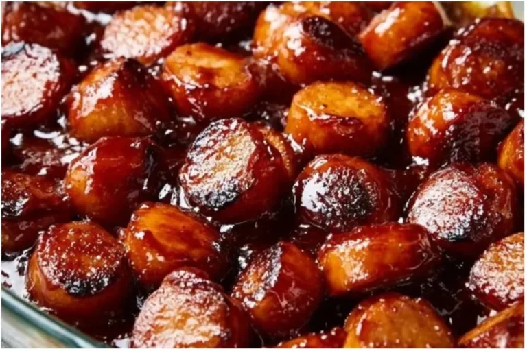 Plate of delicious BBQ sausage bites ready to be served as a tasty appetizer.