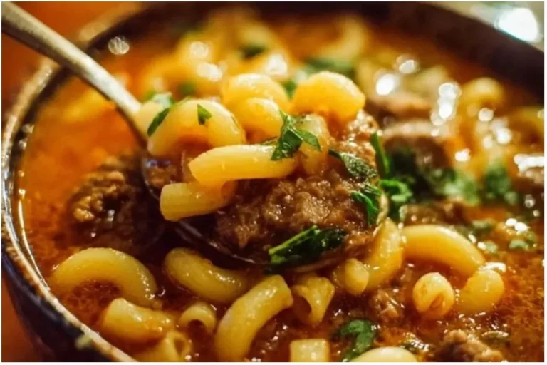 Delicious bowl of Beef and Macaroni Soup topped with herbs and served in a rustic bowl.