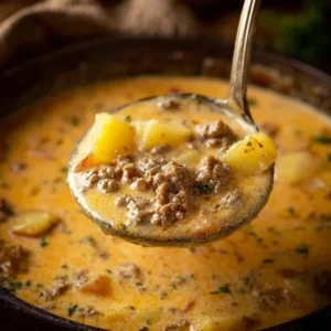 Cheesy Beef and Potato Soup 2 Bowl of creamy Cheesy Beef and Potato Soup topped with herbs.