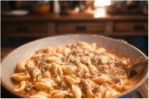 Creamy Beef and Shells 2 Creamy beef and shells pasta dish with ground beef and shell pasta