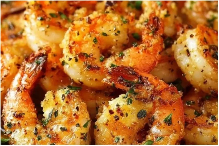 Crispy Garlic Butter Air Fryer Shrimp 3 Crispy garlic butter shrimp cooked in an air fryer, garnished with herbs.