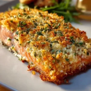 Crispy Parmesan Salmon Bake 2 Crispy Parmesan Salmon baked to perfection, garnished with herbs