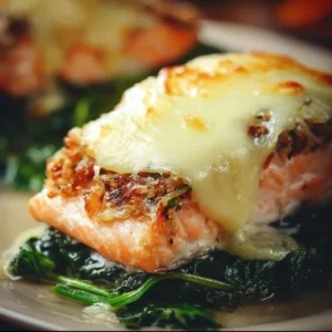 Delicious baked salmon topped with spinach and mozzarella cheese