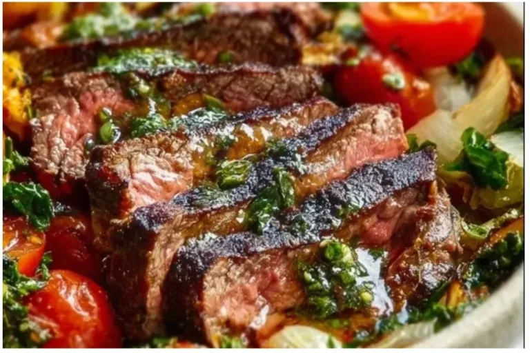 Mediterranean steak bowl filled with tender steak, fresh vegetables, and flavorful toppings.