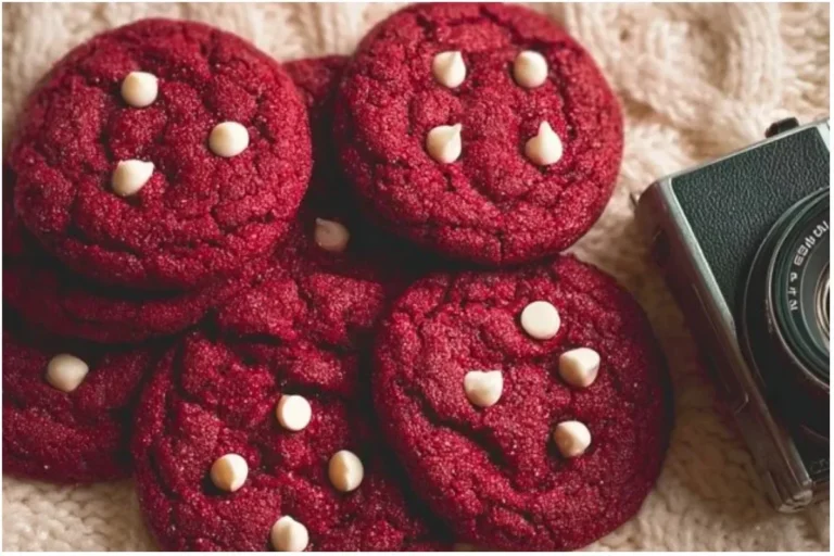 Freshly baked red velvet cookies on a cooling rack