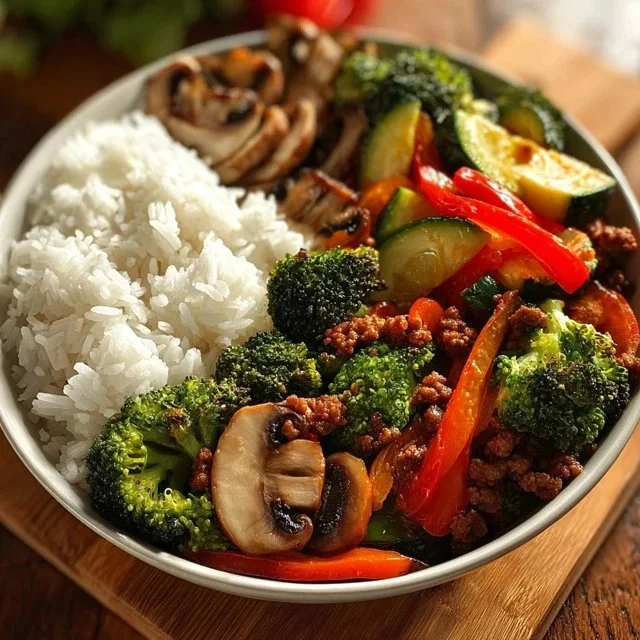 Spicy Ground Beef Stir-Fry Bowl with Garlic Veggies & Steamy Rice