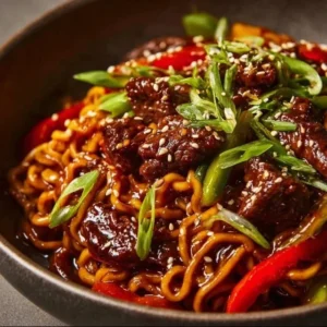 Sticky Beef Noodles 2 Delicious sticky beef noodles served in a bowl with fresh herbs and vegetables