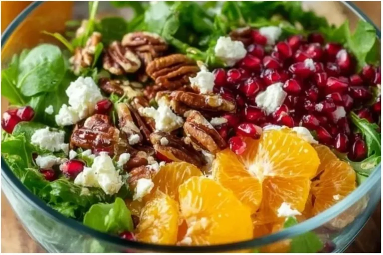 Colorful winter salad with seasonal greens, nuts, and berries.