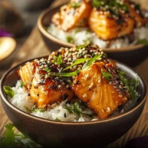 Crispy Salmon and Rice Bowl 2 Crispy salmon rice bowl with fresh vegetables and flavorful sauces.